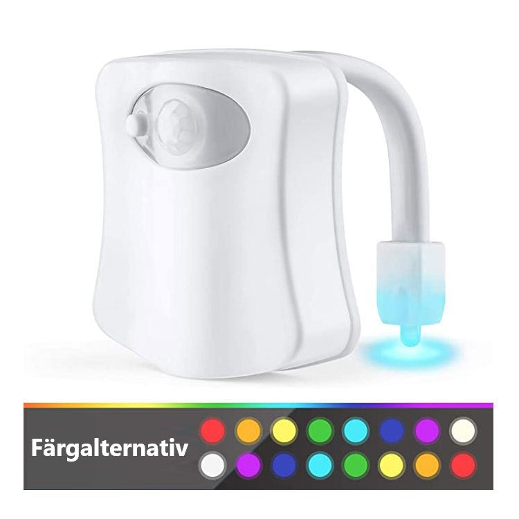 Led ljus för toalettstolen, den har även rörelsesensor för en automatisk tändning på natten. Det finns 16st olika färger att välja emellan så som, Röd, gul,rosa,blå,vit m.m.